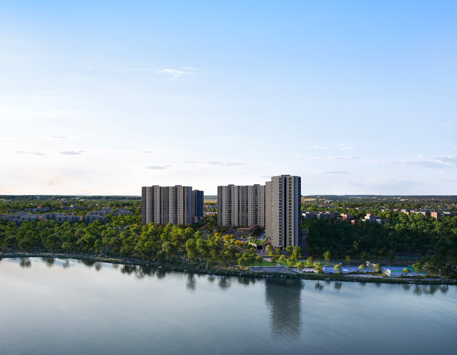 Assetz Mizumi Reserve, aerial view across the lake — CGI artist’s impression