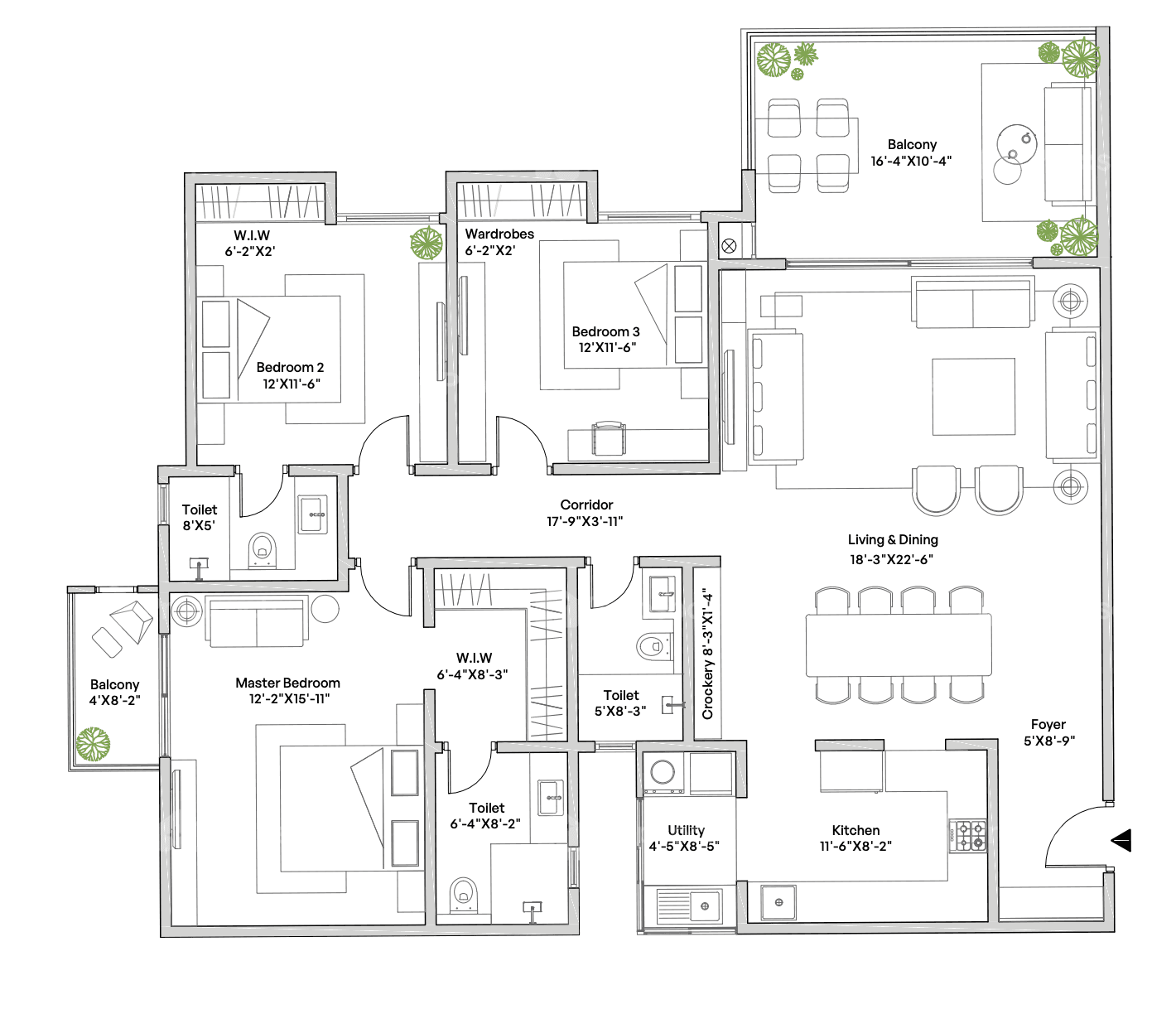 3 BHK Type 1 Floor Plan