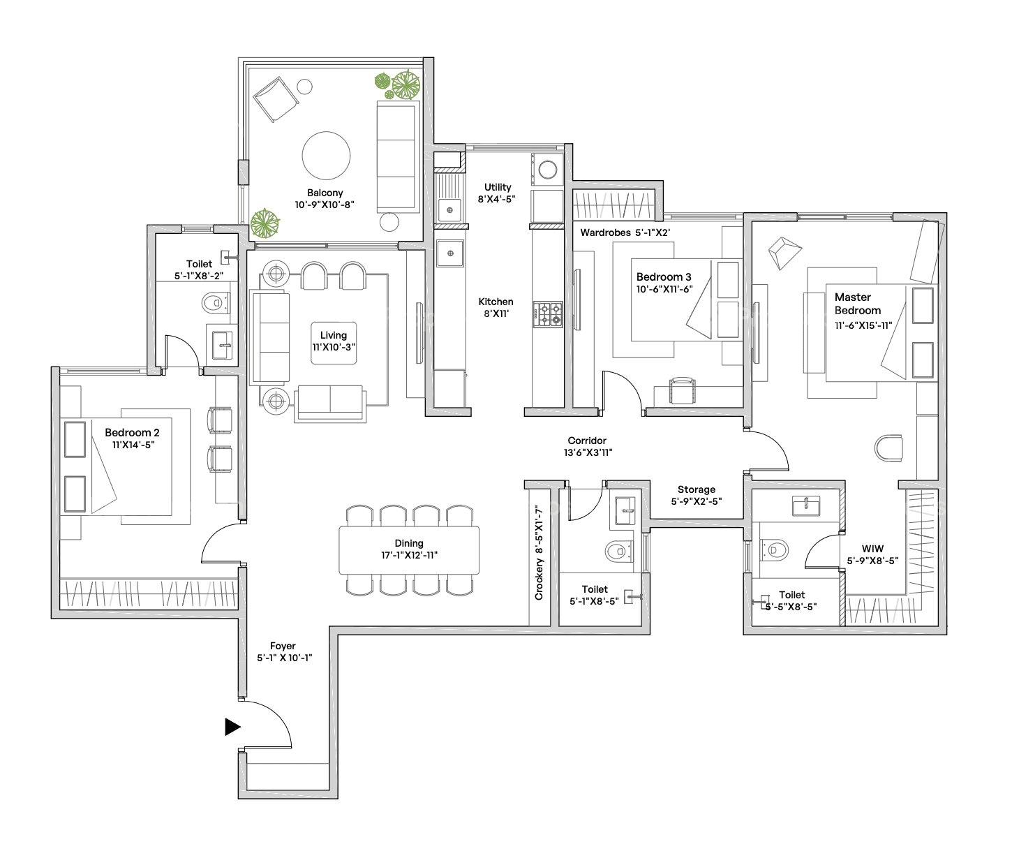 3 BHK Type 2 Floor Plan