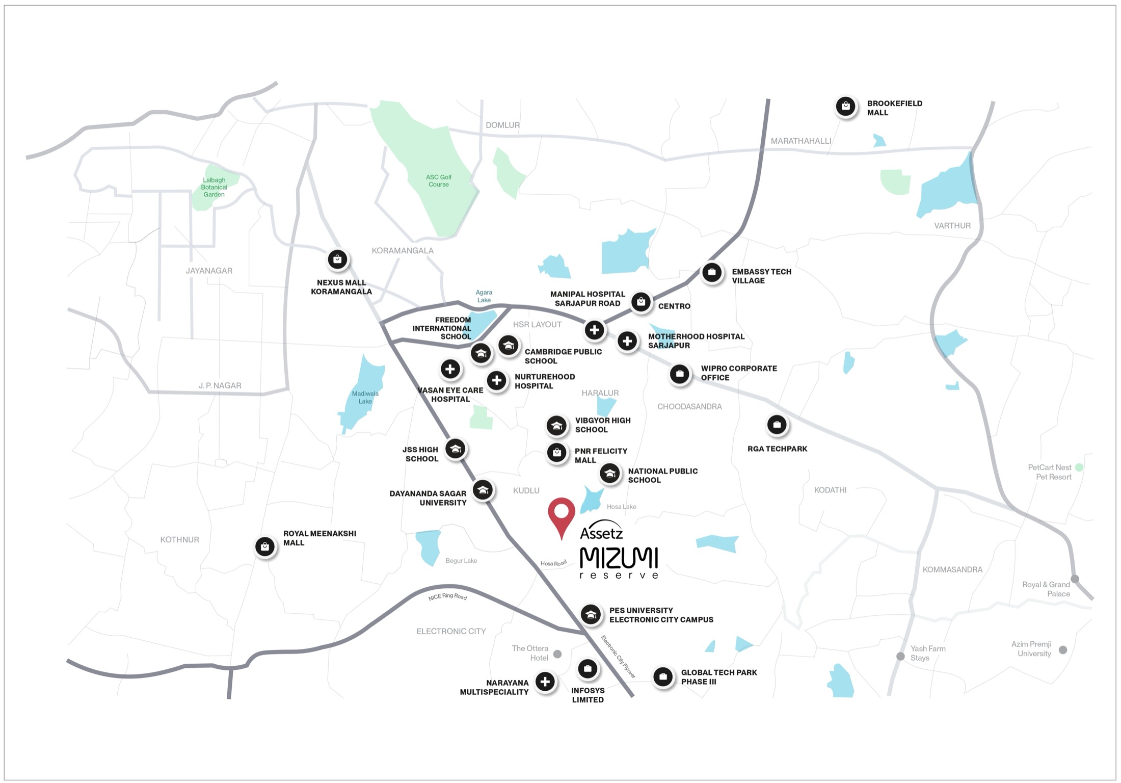 Assetz Mizumi Reserve connectivity map, south-east Bengaluru